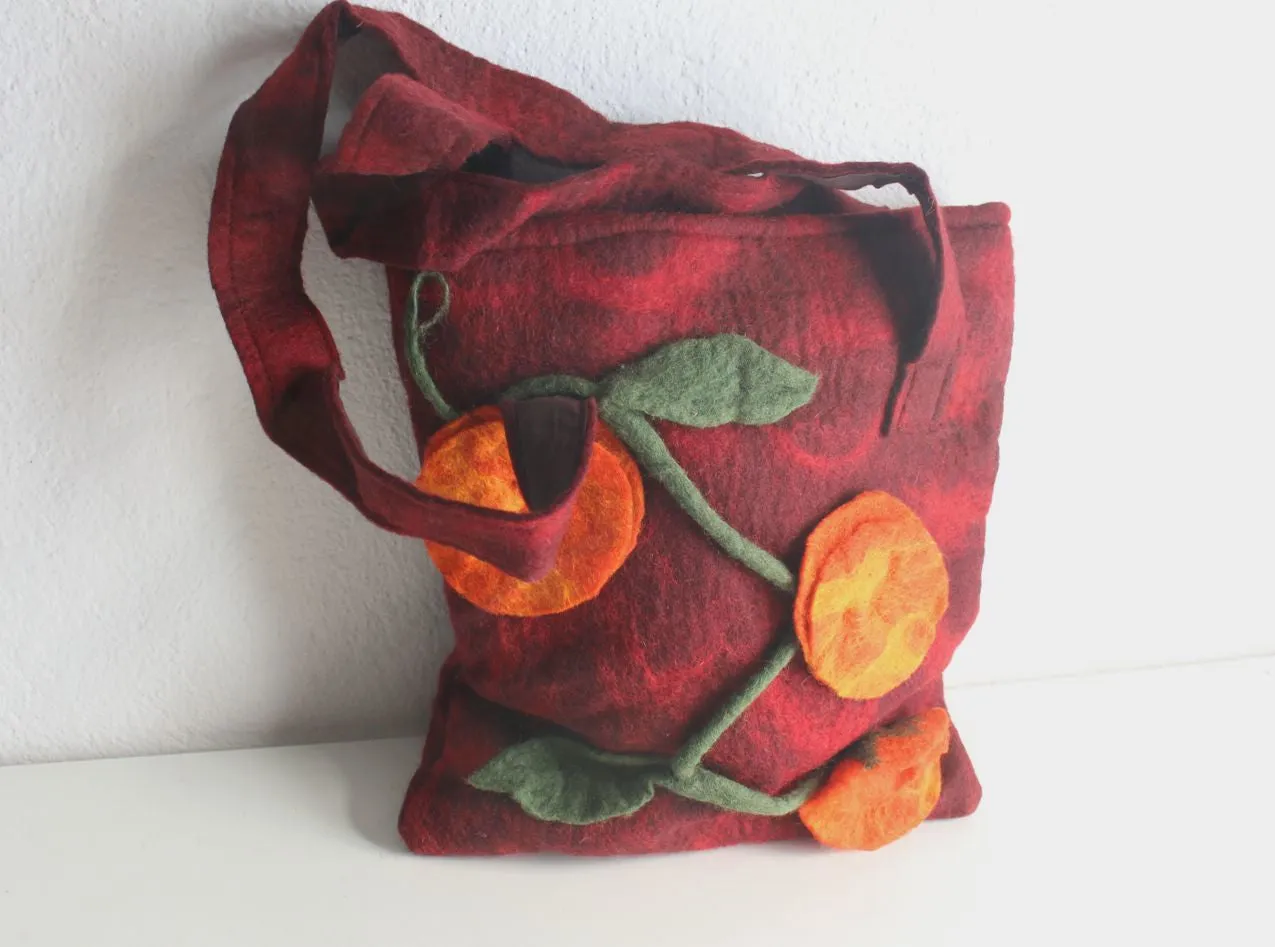 Maroon Felt Tote Bag with Orange Flower