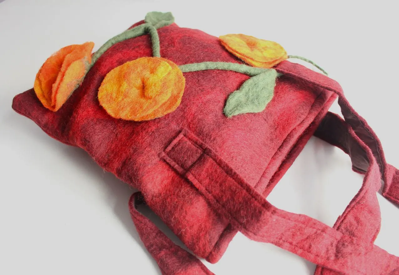 Maroon Felt Tote Bag with Orange Flower