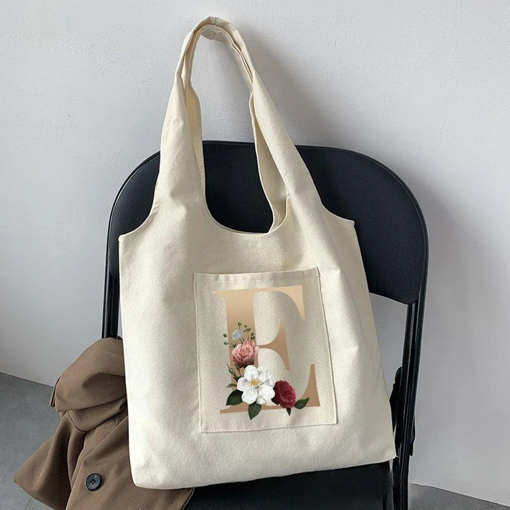 Medics Women Fashion New Commuter Bag Shoulder Bag Letter Initial Name Pattern Print Beige Canvas Tote Bag Shopping Student Tote Bag