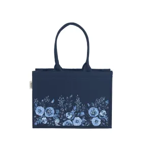 Medium Mimi - Floral Printed Navy Blue Tote Bag