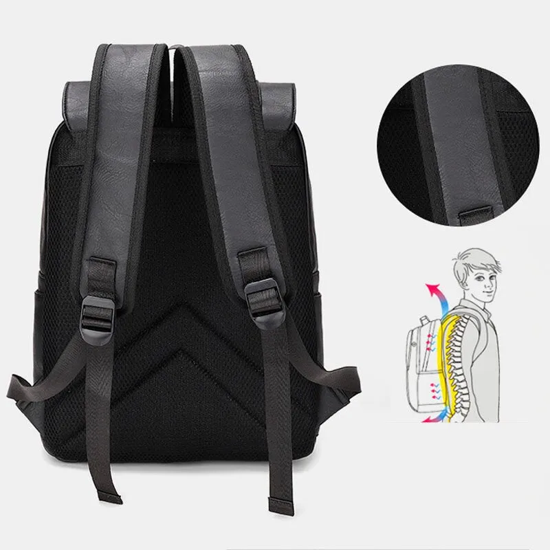 Men Double Arrow Shape Back Breathable Soft Leather Backpack Large Capacity Waterproof 14 Inch Laptop Bag Travel