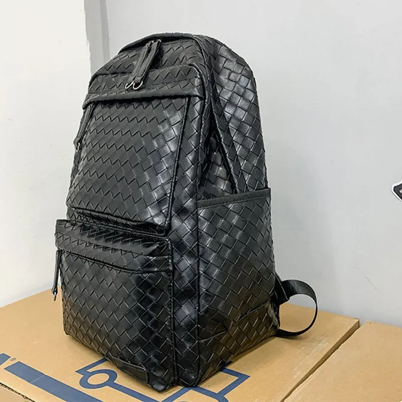 Men Faux Leather Large Causal Woven Capacity 14 Inch Laptop Bag School Travel Backpack