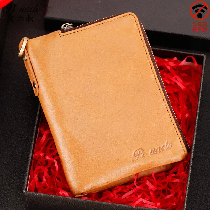 Men Genuine Leather RFID Anti-theft Zipper Ultra-thin Multi-slot Foldable Card Holder Wallet