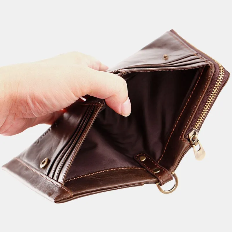 Men Genuine Leather RFID Anti-theft Zipper Ultra-thin Multi-slot Foldable Card Holder Wallet