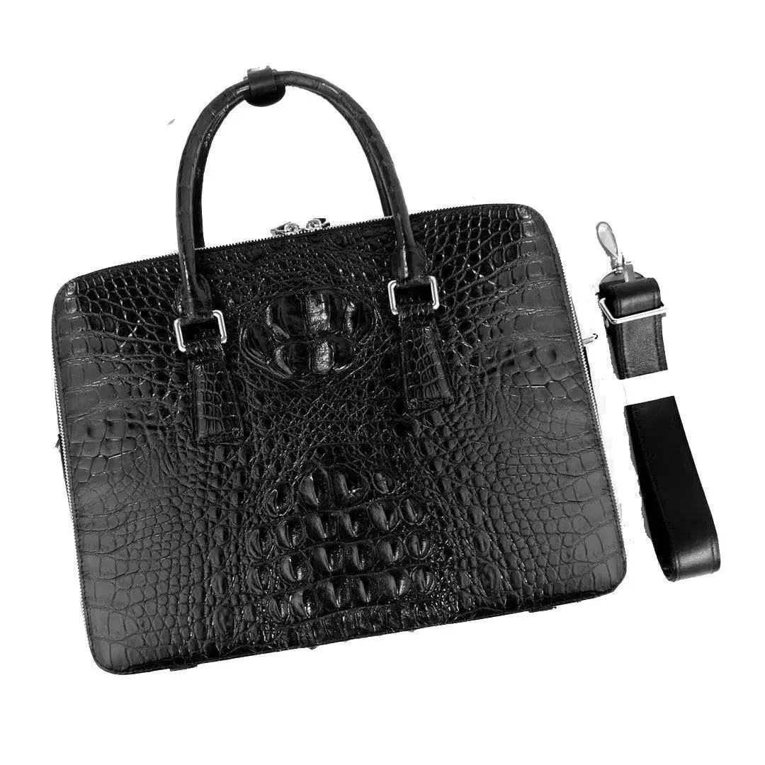 Mens Crocodile Bone Leather Briefcase Black