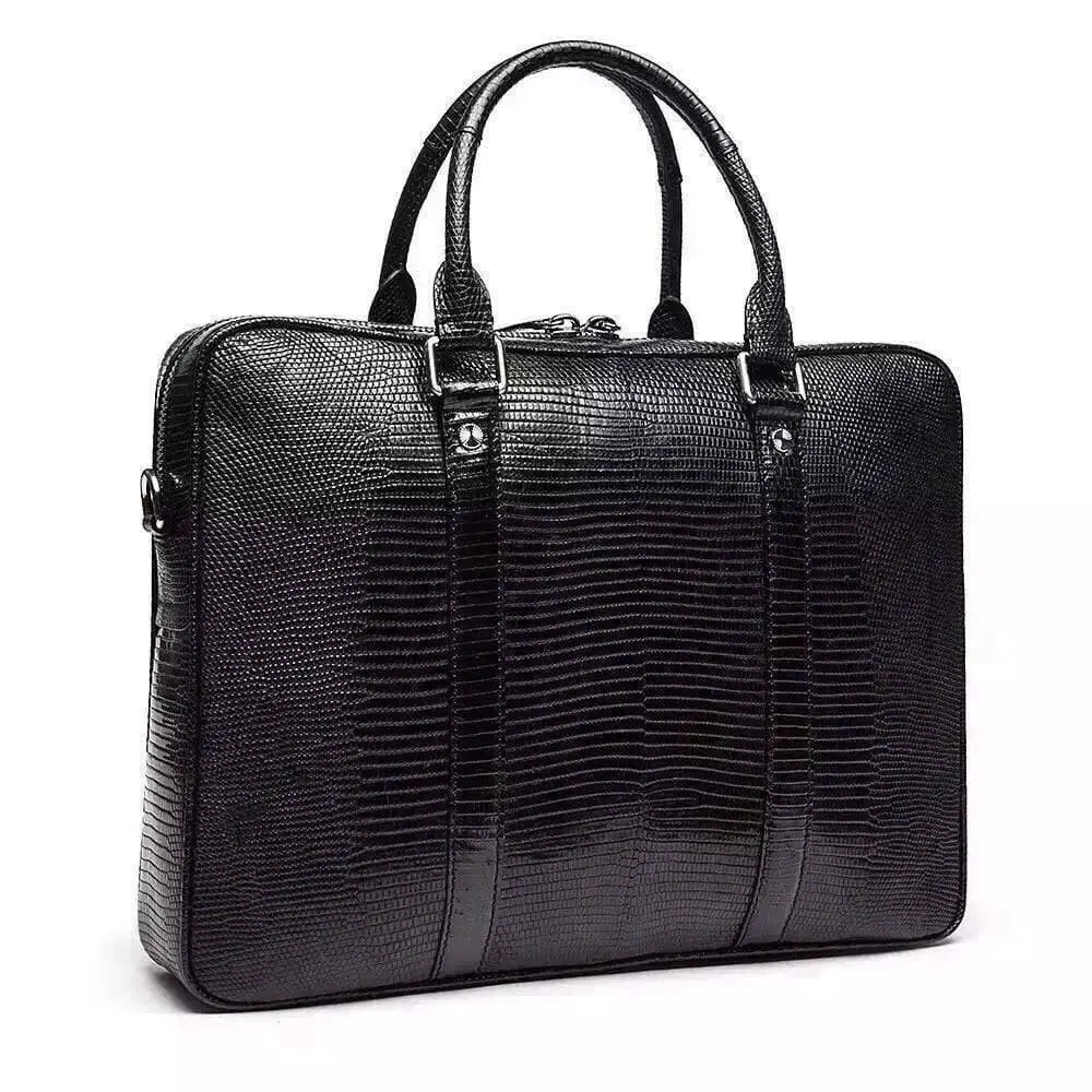 Mens Genuine Lizard Skin Leather  Briefcase Bag Black