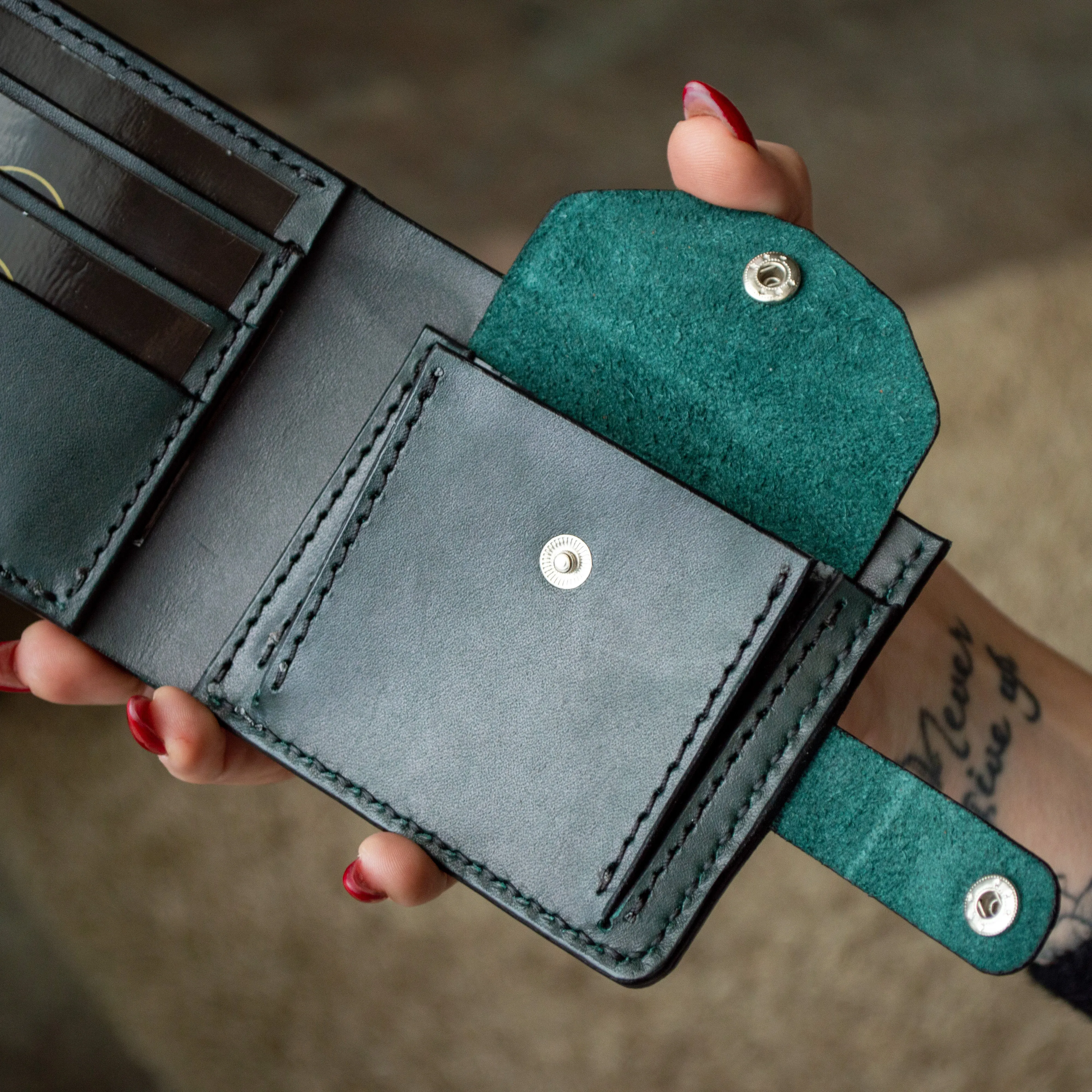 Mens Wallet, Bifold Green Leather Wallet