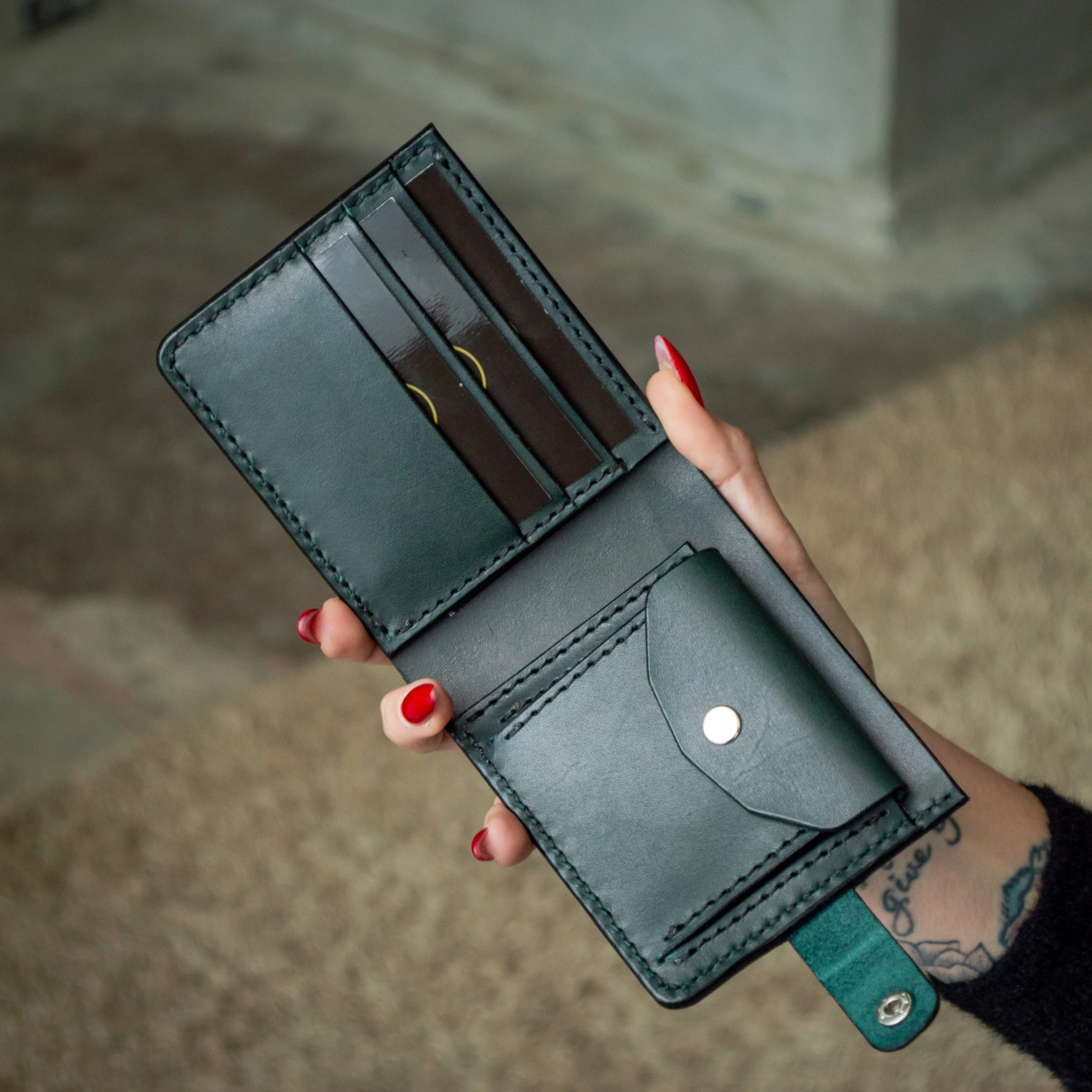 Mens Wallet, Bifold Green Leather Wallet