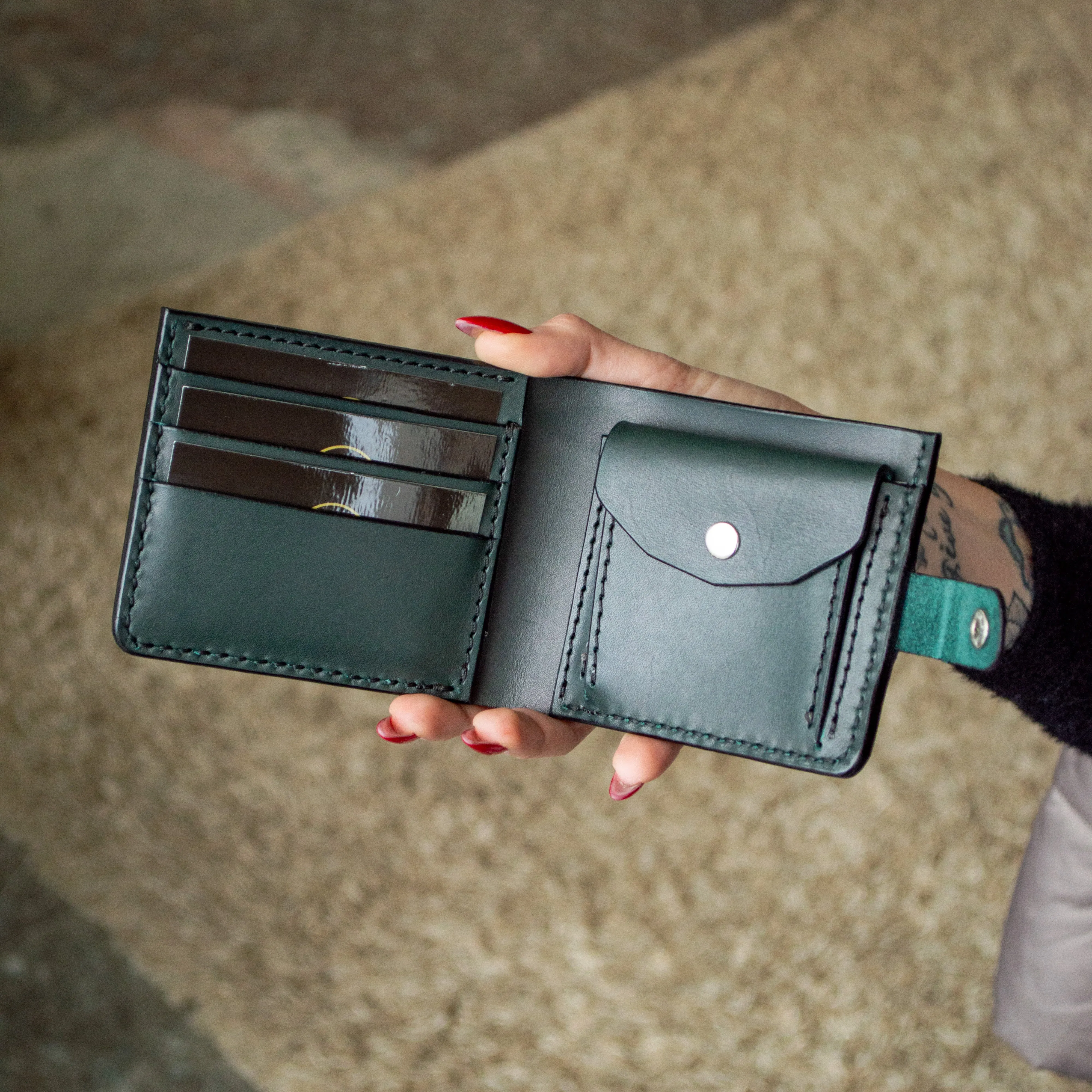 Mens Wallet, Bifold Green Leather Wallet