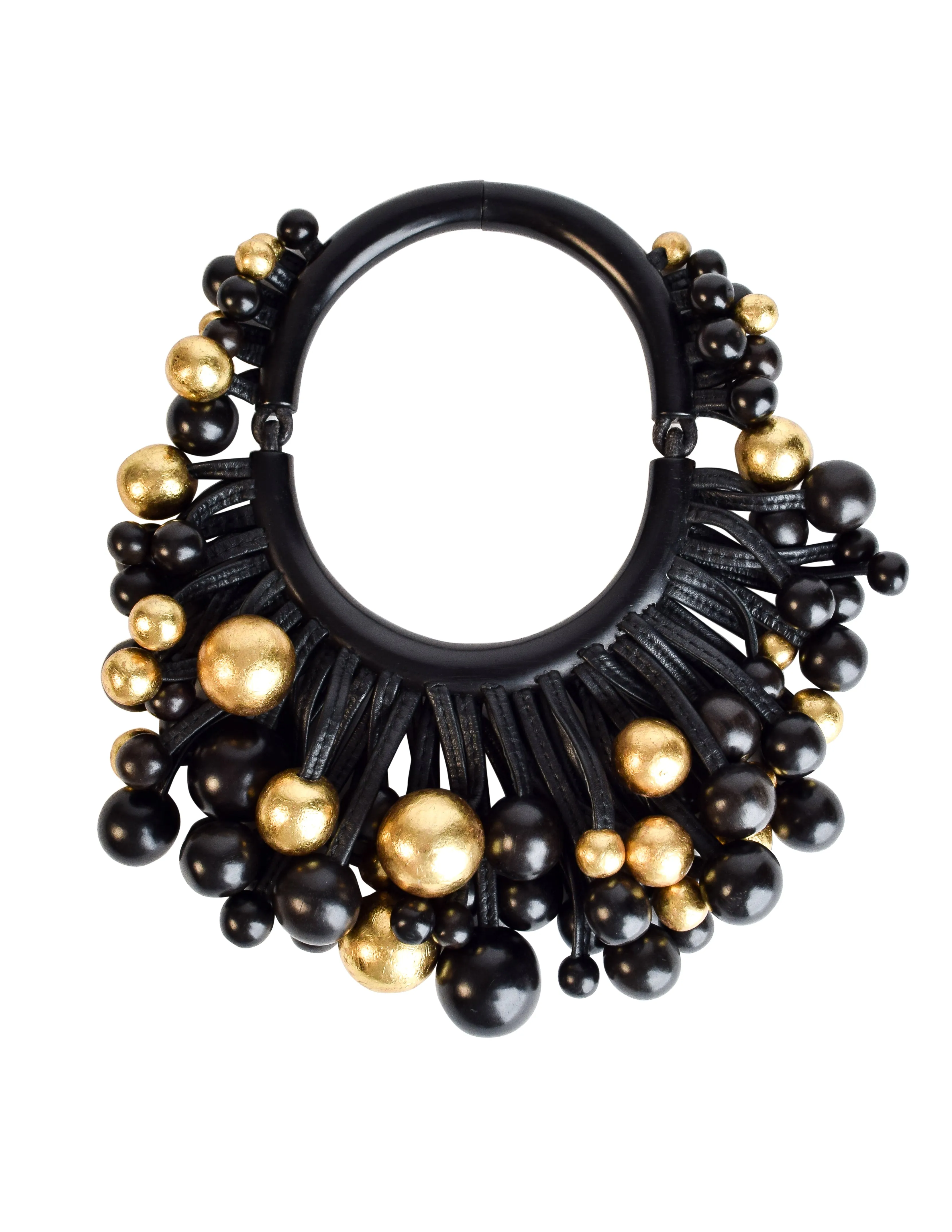 Monies Vintage Black Ebony Gold Leaf Leather Cluster Ball Choker Necklace