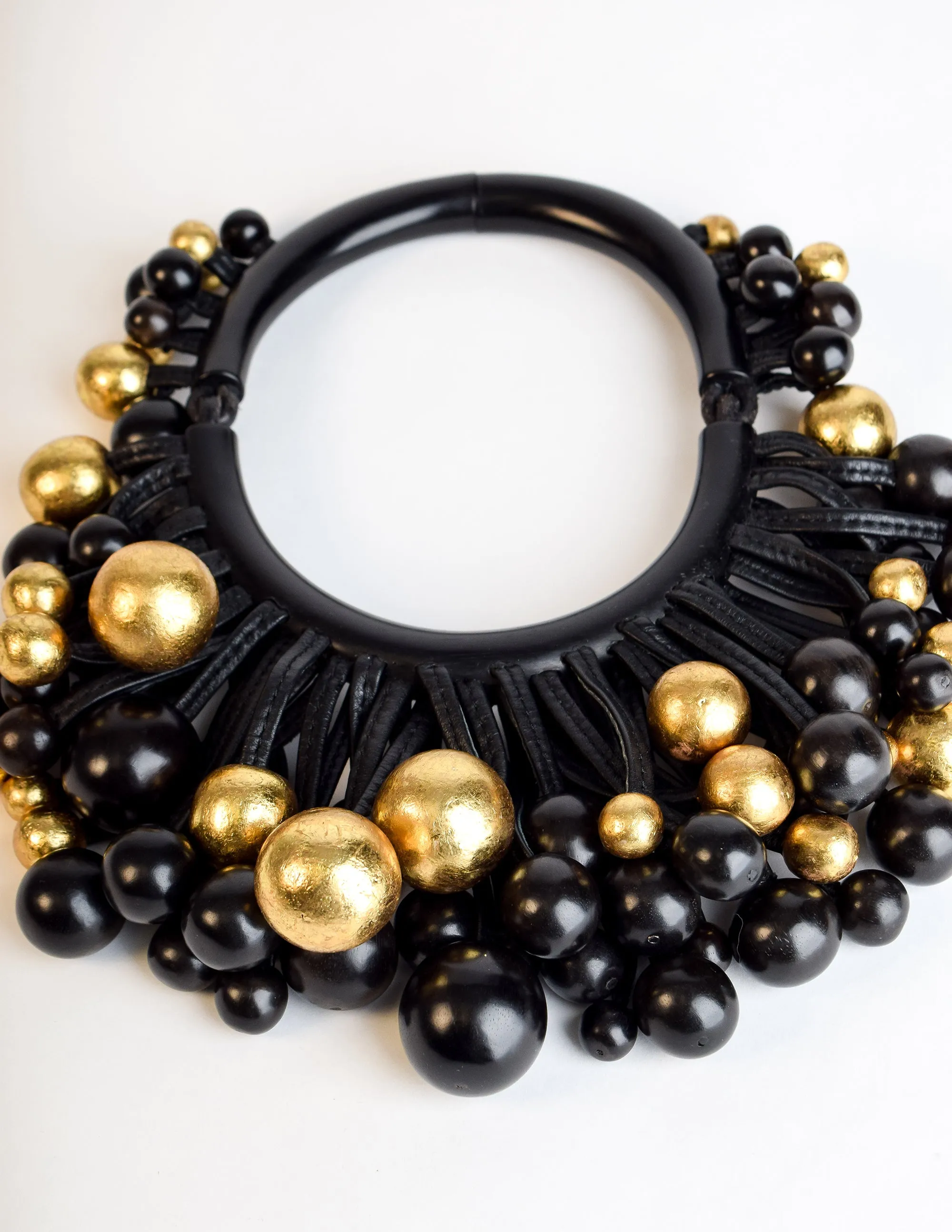 Monies Vintage Black Ebony Gold Leaf Leather Cluster Ball Choker Necklace