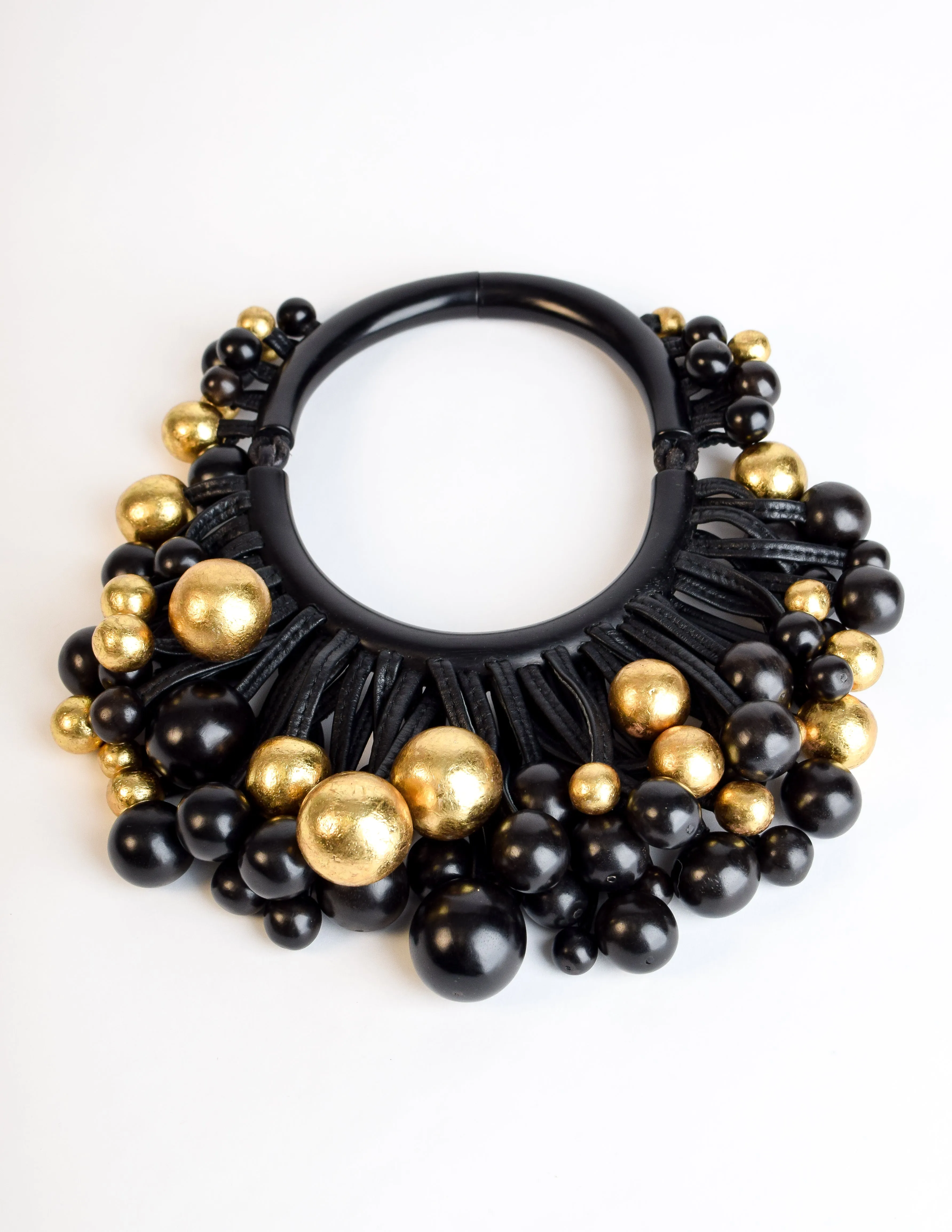 Monies Vintage Black Ebony Gold Leaf Leather Cluster Ball Choker Necklace