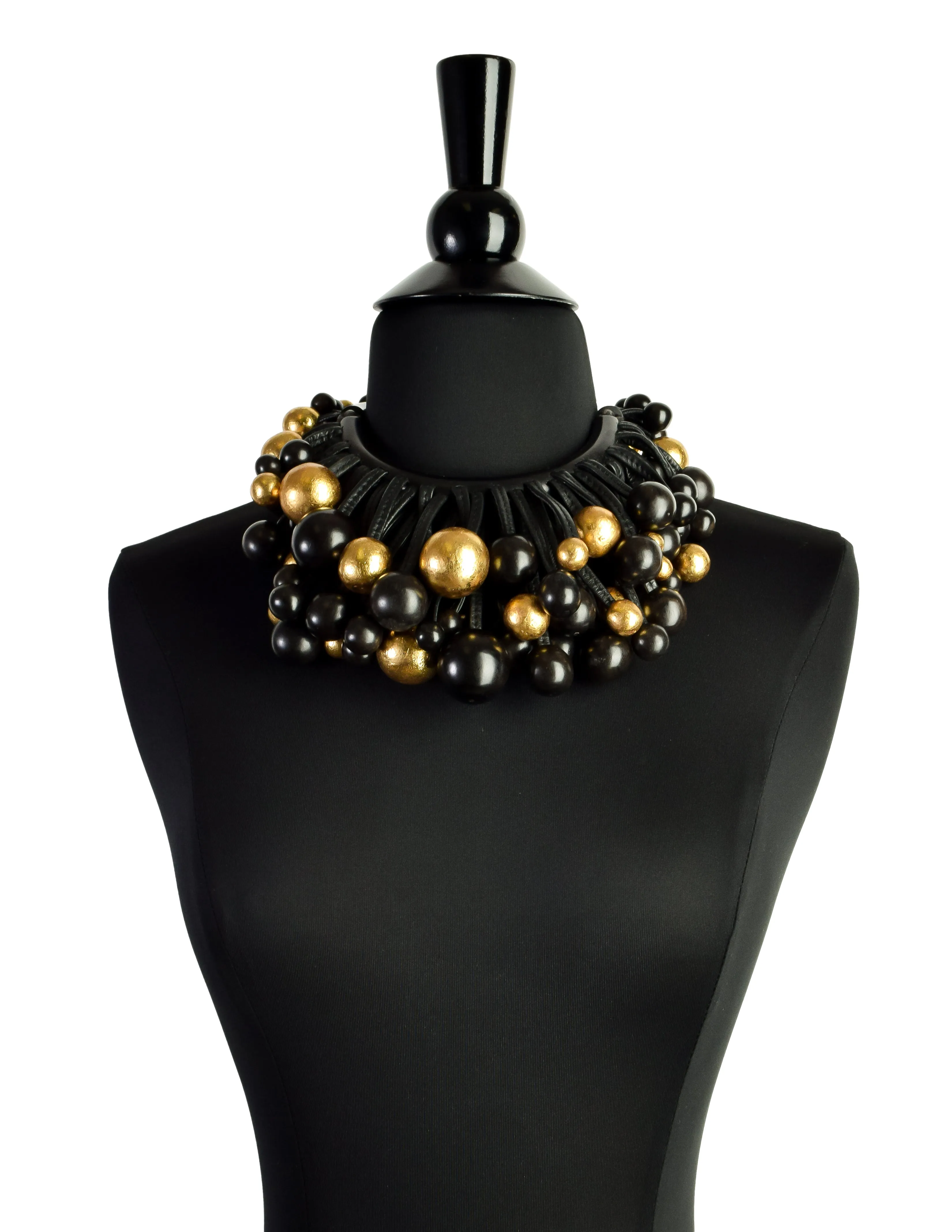 Monies Vintage Black Ebony Gold Leaf Leather Cluster Ball Choker Necklace