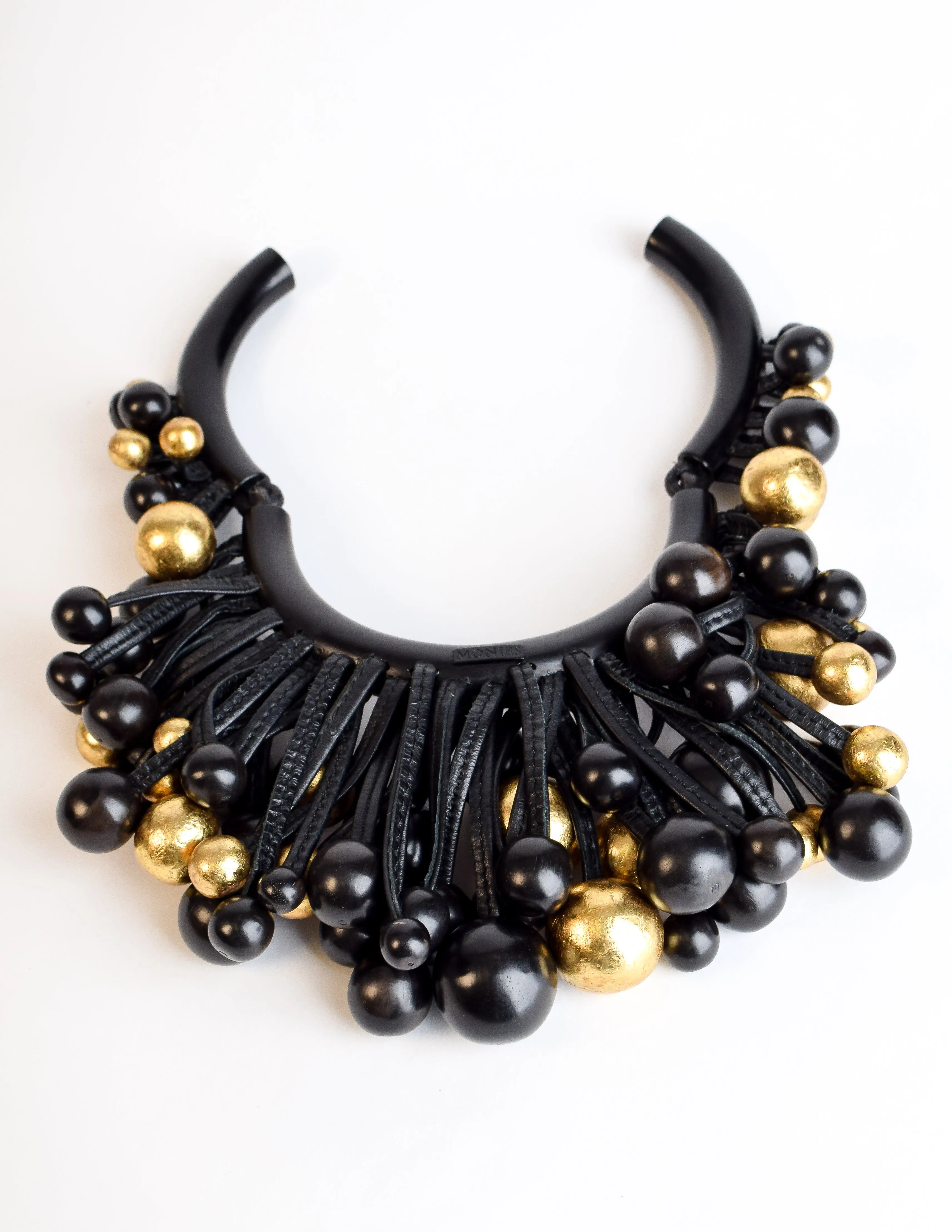 Monies Vintage Black Ebony Gold Leaf Leather Cluster Ball Choker Necklace