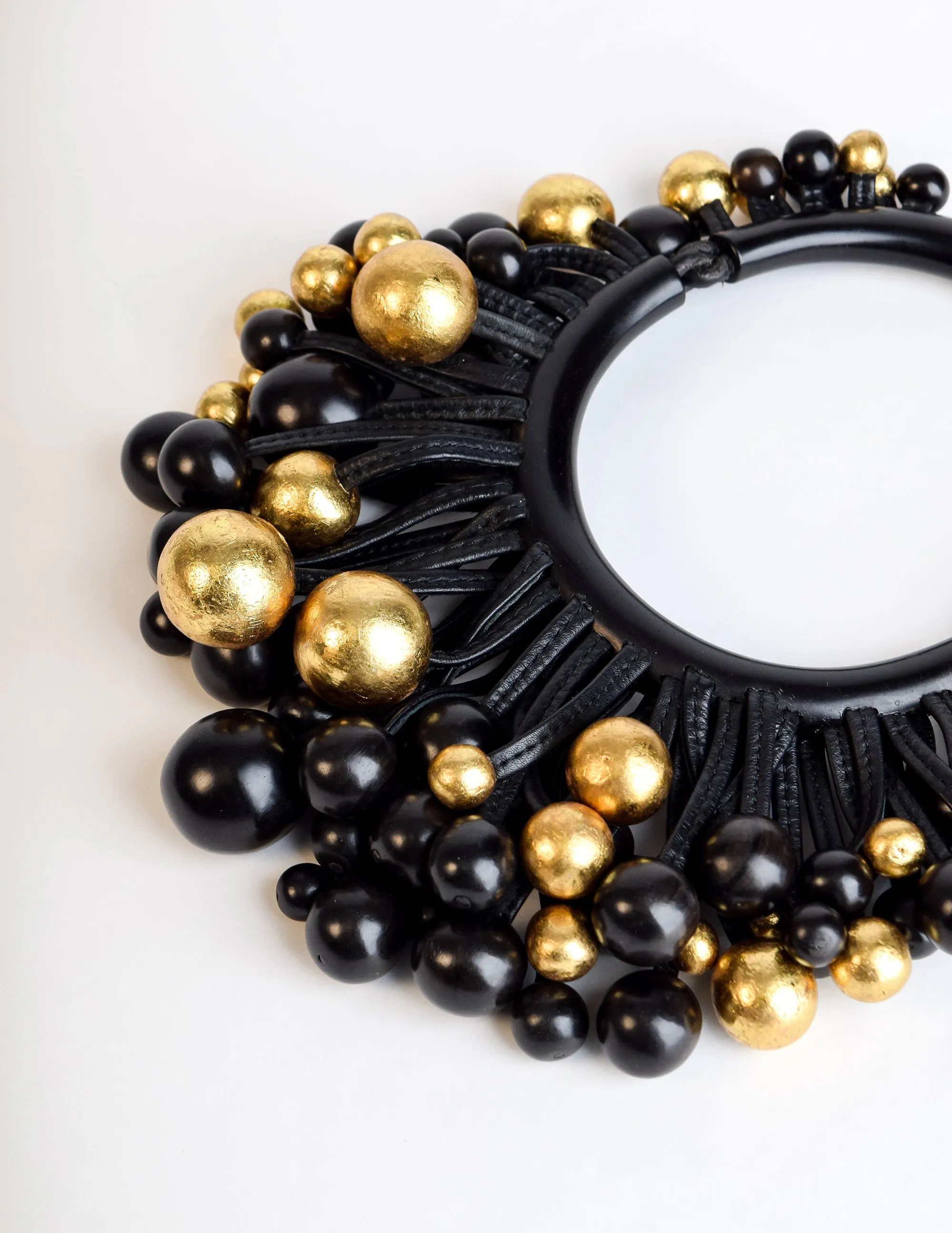 Monies Vintage Black Ebony Gold Leaf Leather Cluster Ball Choker Necklace