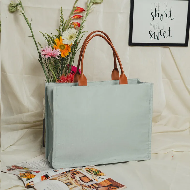 Multicolor - Tulip Pastel Blue Hand Embroidery Canvas Book Tote Bag