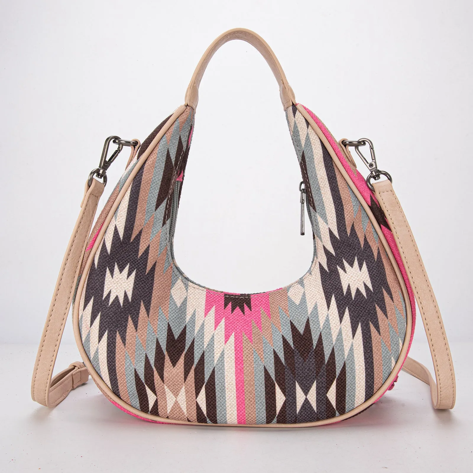 MW1285-8366  Montana West Aztec Fringe Crescent Crossbody Bag - Hot Pink