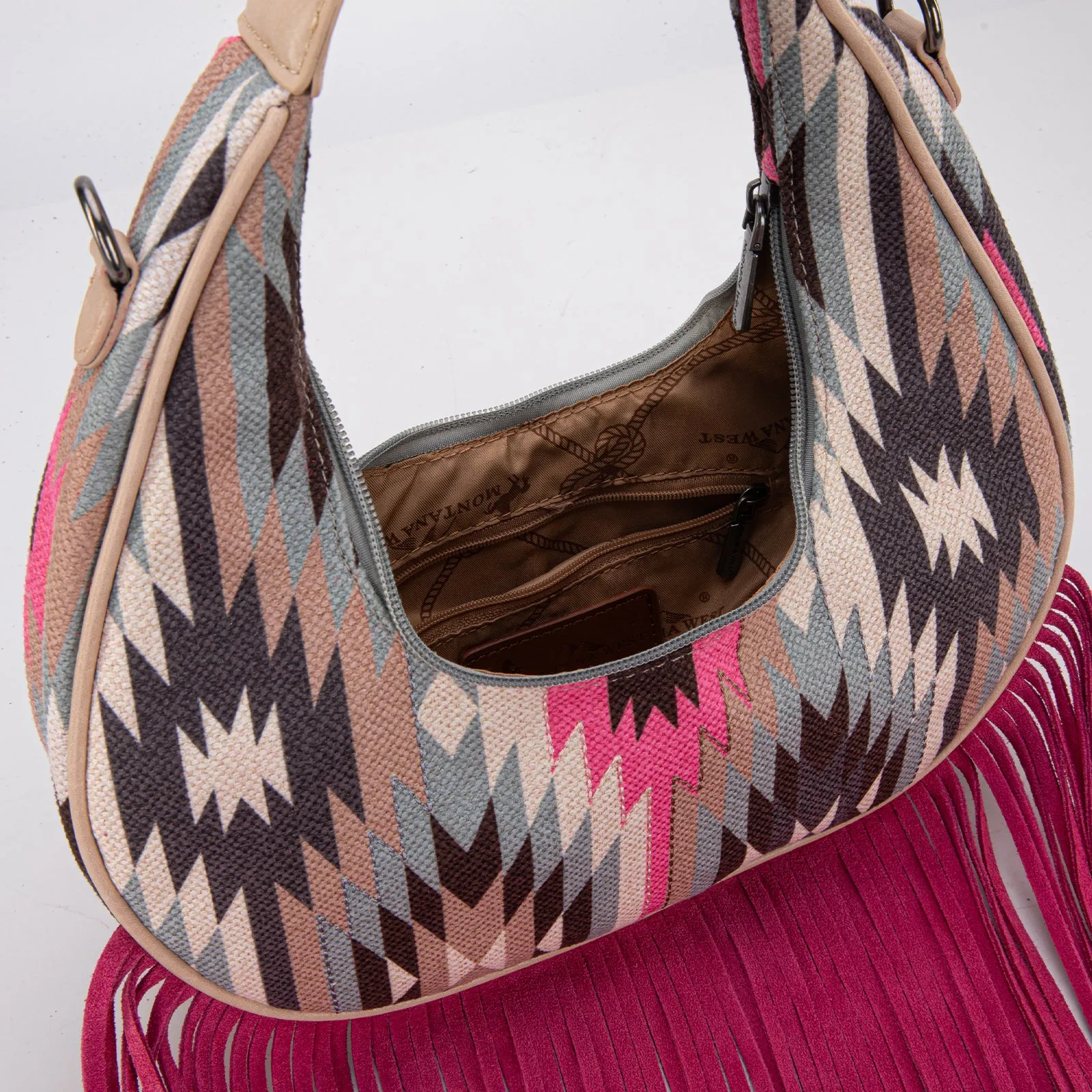 MW1285-8366  Montana West Aztec Fringe Crescent Crossbody Bag - Hot Pink