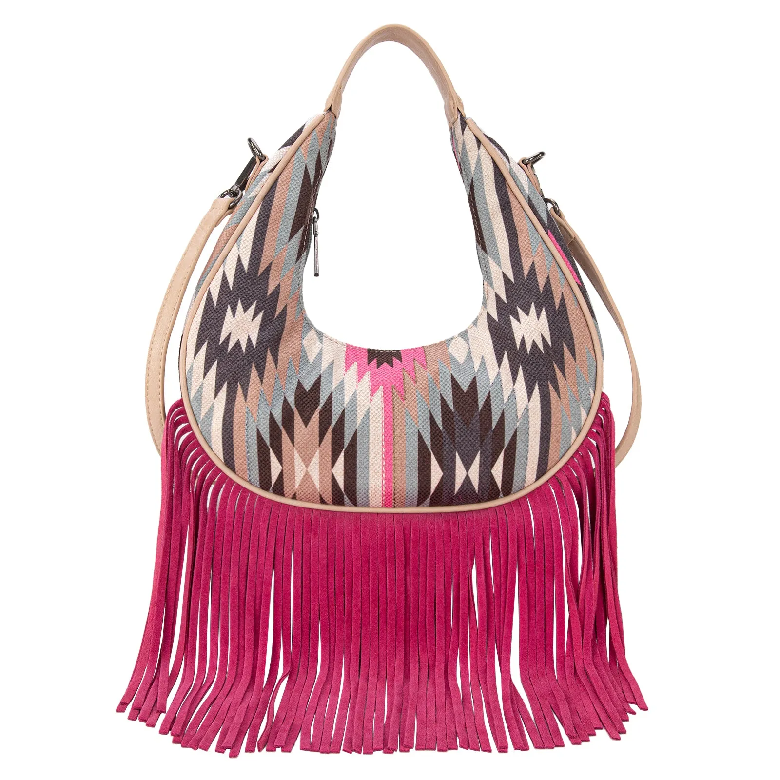 MW1285-8366  Montana West Aztec Fringe Crescent Crossbody Bag - Hot Pink