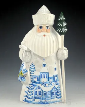 Pearly Russian Santa Carving with Tree-staff and Toy Bag 7.5 inch