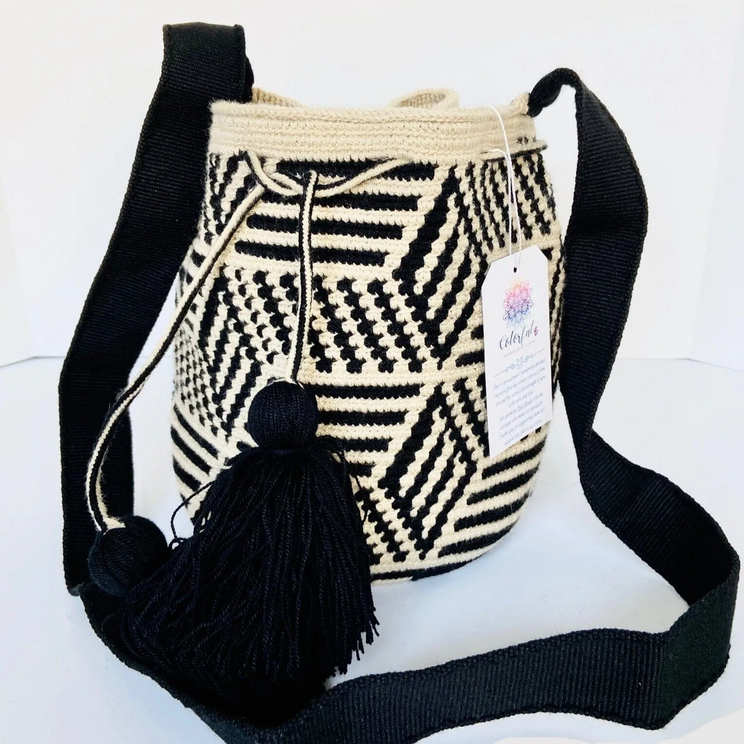 Perissa Beach Medium Boho Bags | Black and White Bohemian Purses | M