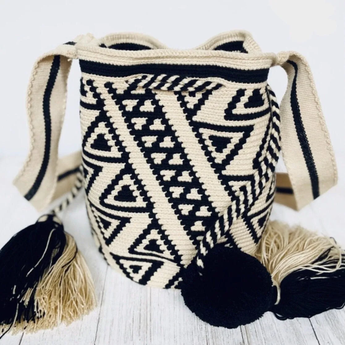 Perissa Beach Medium Boho Bags | Black and White Bohemian Purses | M