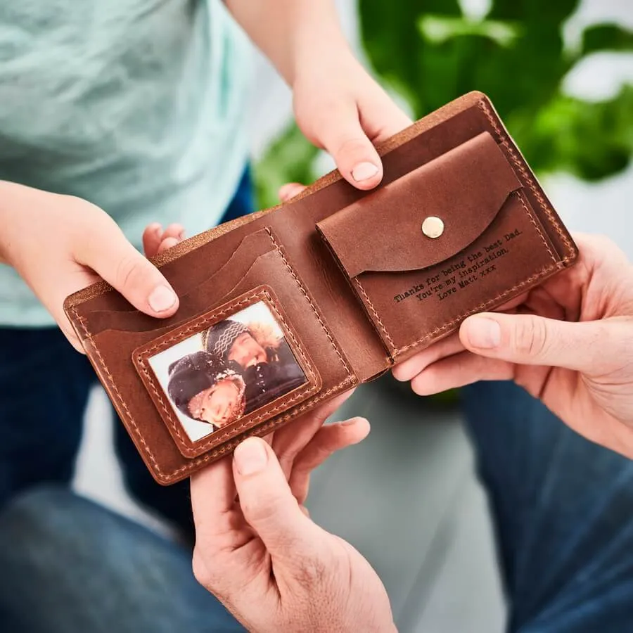 Personalised Leather Coin Wallet With Metal Photo Card