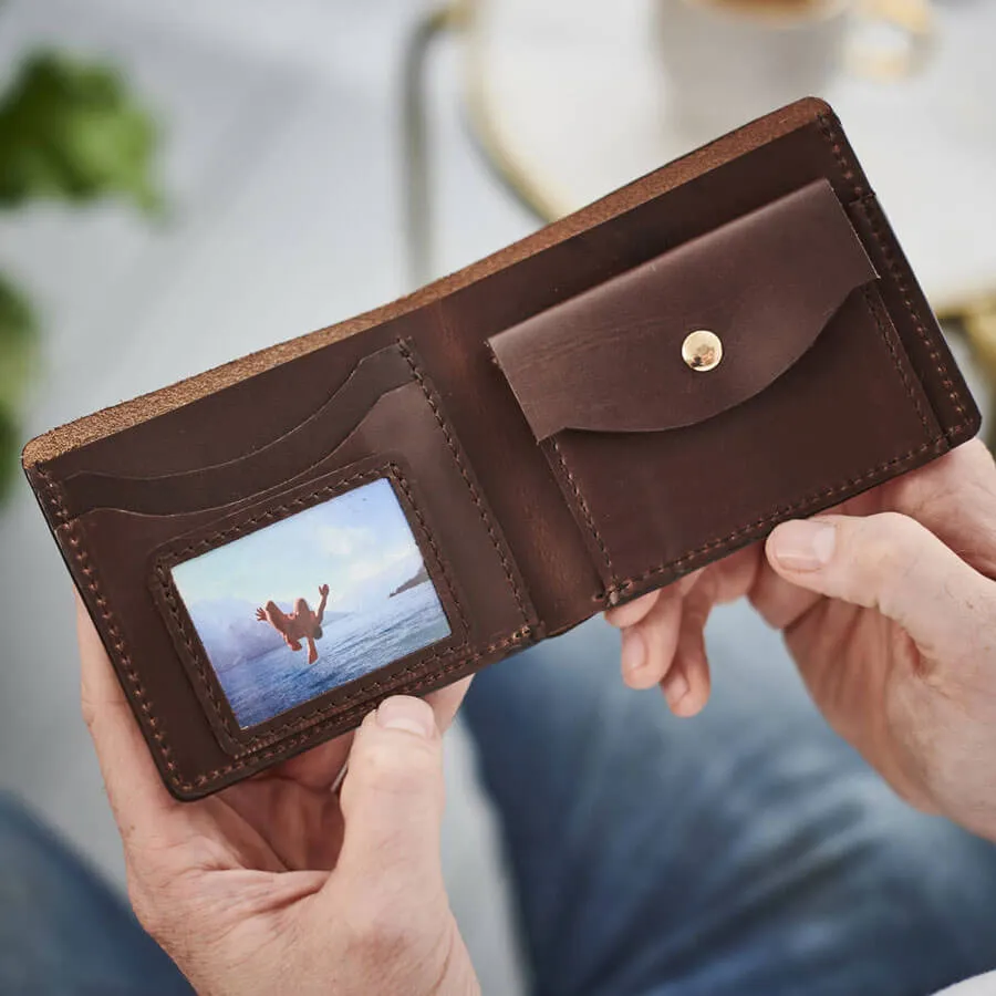 Personalised Leather Coin Wallet With Metal Photo Card