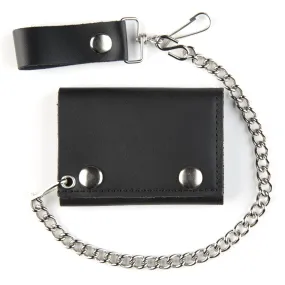 Plain Black Tri-Fold Biker Wallet w/ Chain