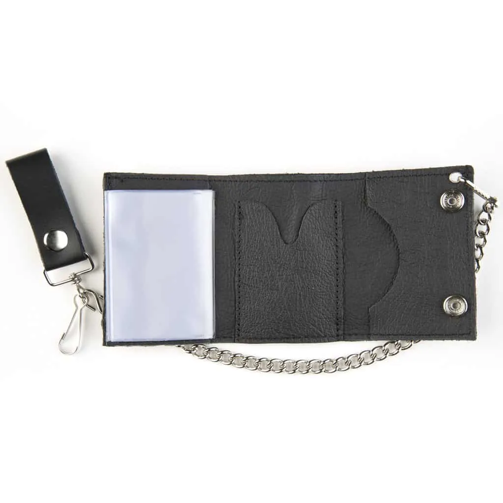 Plain Black Tri-Fold Biker Wallet w/ Chain