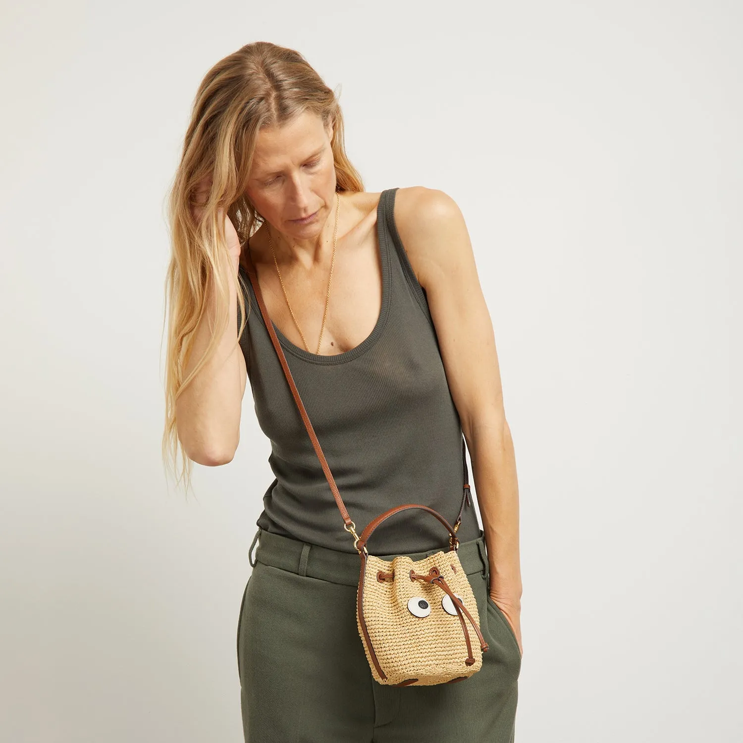 Raffia Eyes Drawstring Cross-body