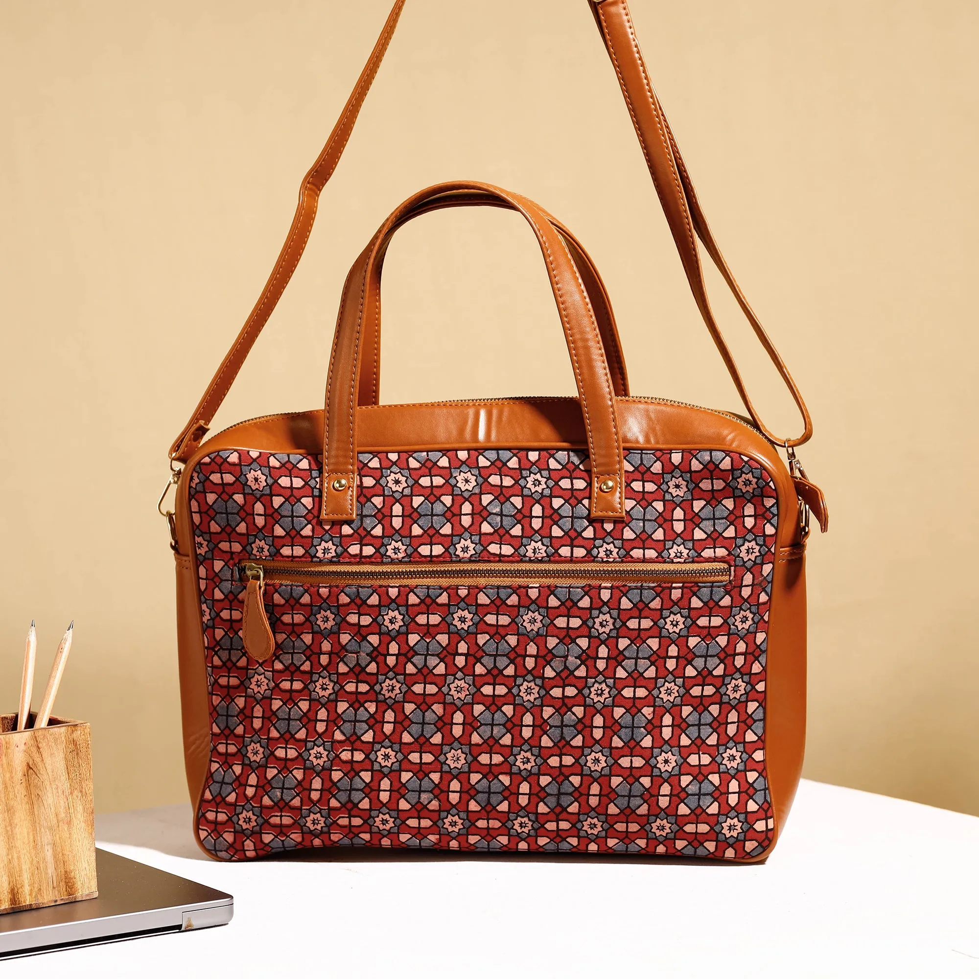 Red - Handcrafted Ajrakh Block Printed Cotton Laptop Bag (15 x 13 in)