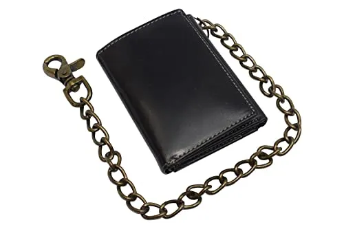 RFID Blocking Men's Tri-fold Vintage Biker Vintage Buffalo Leather Steel Chain Wallet Snap closure RFID0946BF