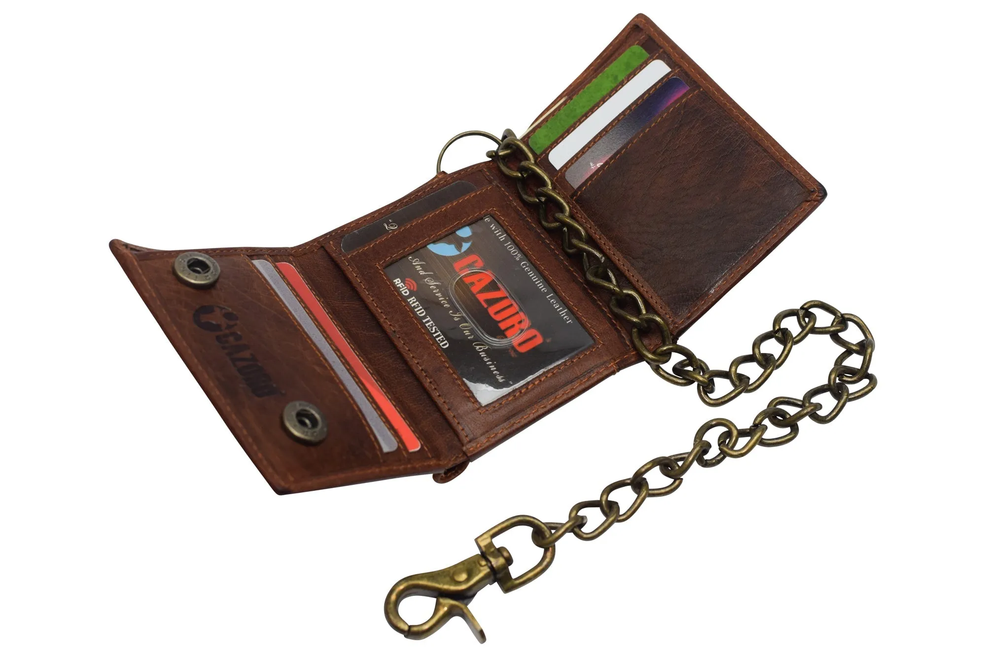 RFID Blocking Men's Tri-fold Vintage Biker Vintage Buffalo Leather Steel Chain Wallet Snap closure RFID0946BF