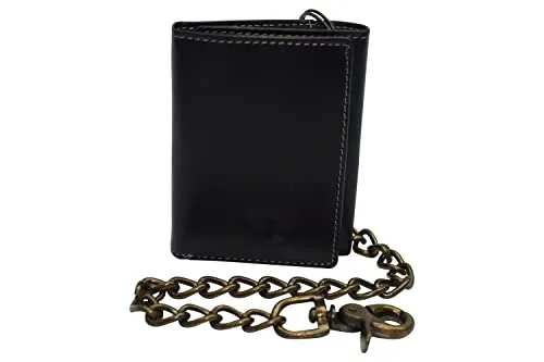 RFID Blocking Men's Tri-fold Vintage Biker Vintage Buffalo Leather Steel Chain Wallet Snap closure RFID0946BF