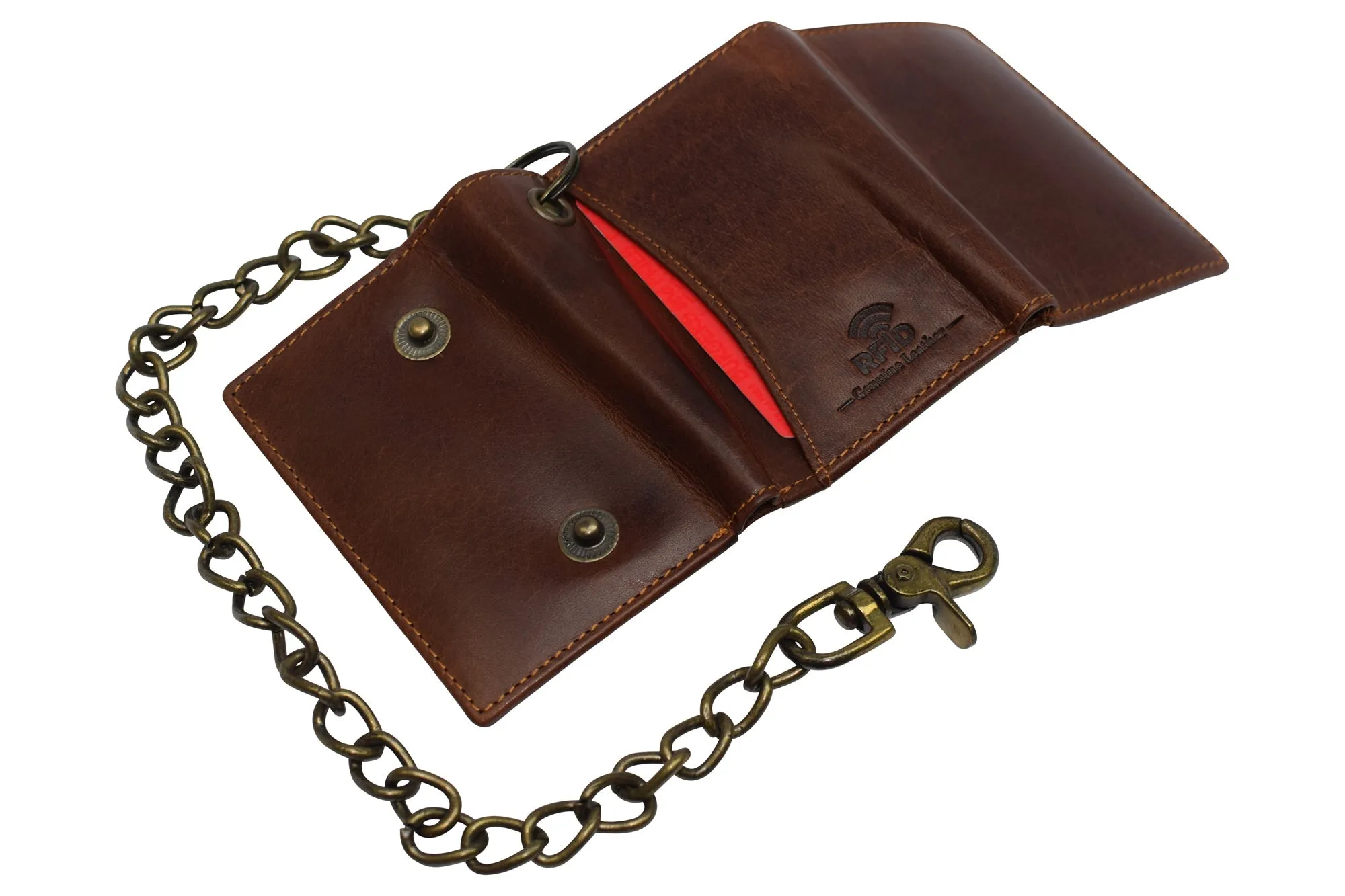 RFID Blocking Men's Tri-fold Vintage Biker Vintage Buffalo Leather Steel Chain Wallet Snap closure RFID0946BF