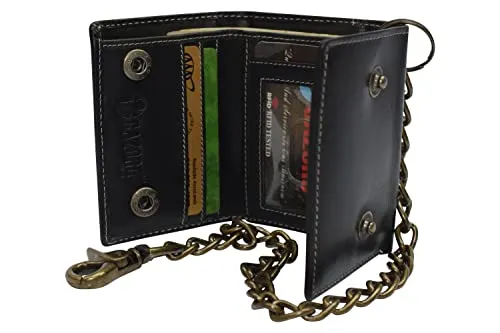 RFID Blocking Men's Tri-fold Vintage Biker Vintage Buffalo Leather Steel Chain Wallet Snap closure RFID0946BF