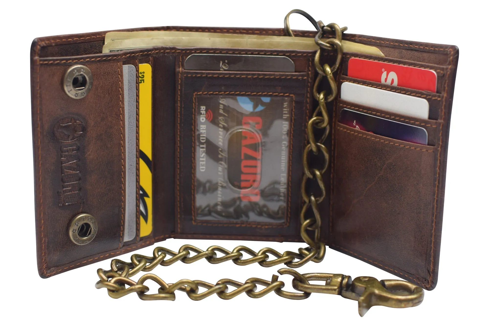 RFID Blocking Men's Tri-fold Vintage Biker Vintage Buffalo Leather Steel Chain Wallet Snap closure RFID0946BF