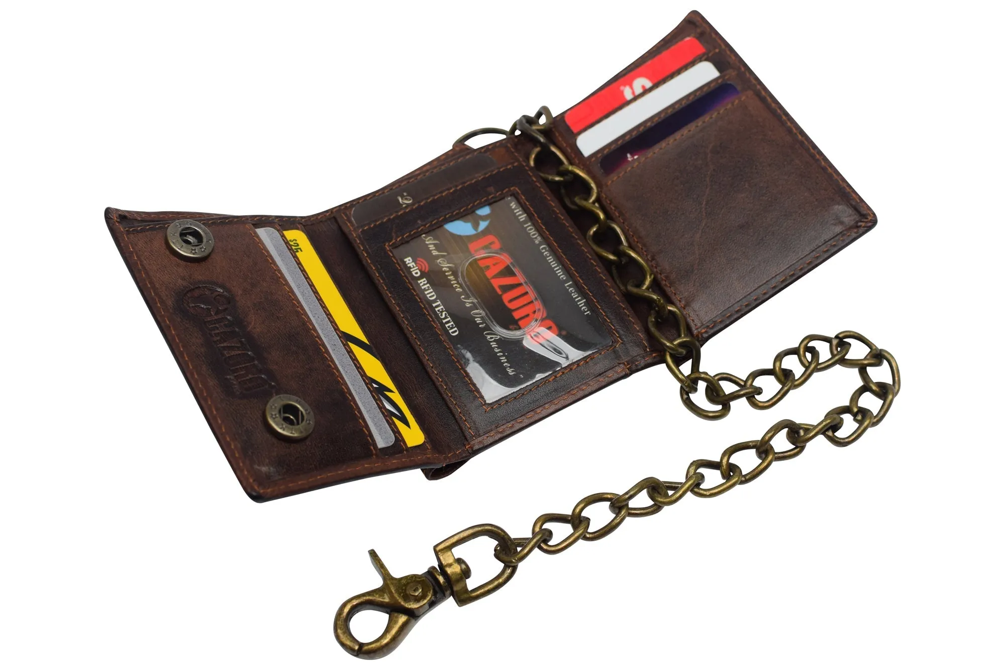 RFID Blocking Men's Tri-fold Vintage Biker Vintage Buffalo Leather Steel Chain Wallet Snap closure RFID0946BF