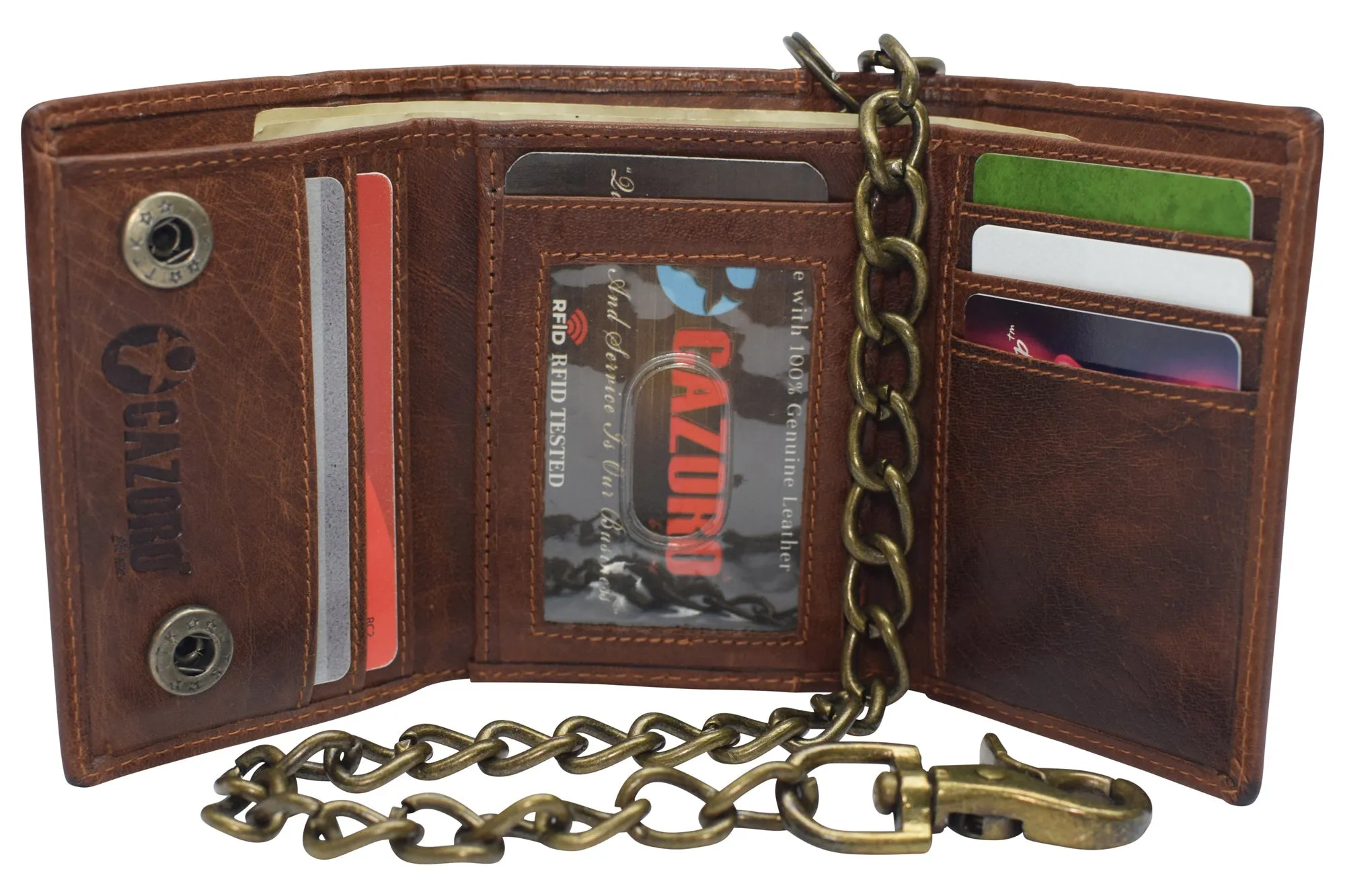 RFID Blocking Men's Tri-fold Vintage Biker Vintage Buffalo Leather Steel Chain Wallet Snap closure RFID0946BF