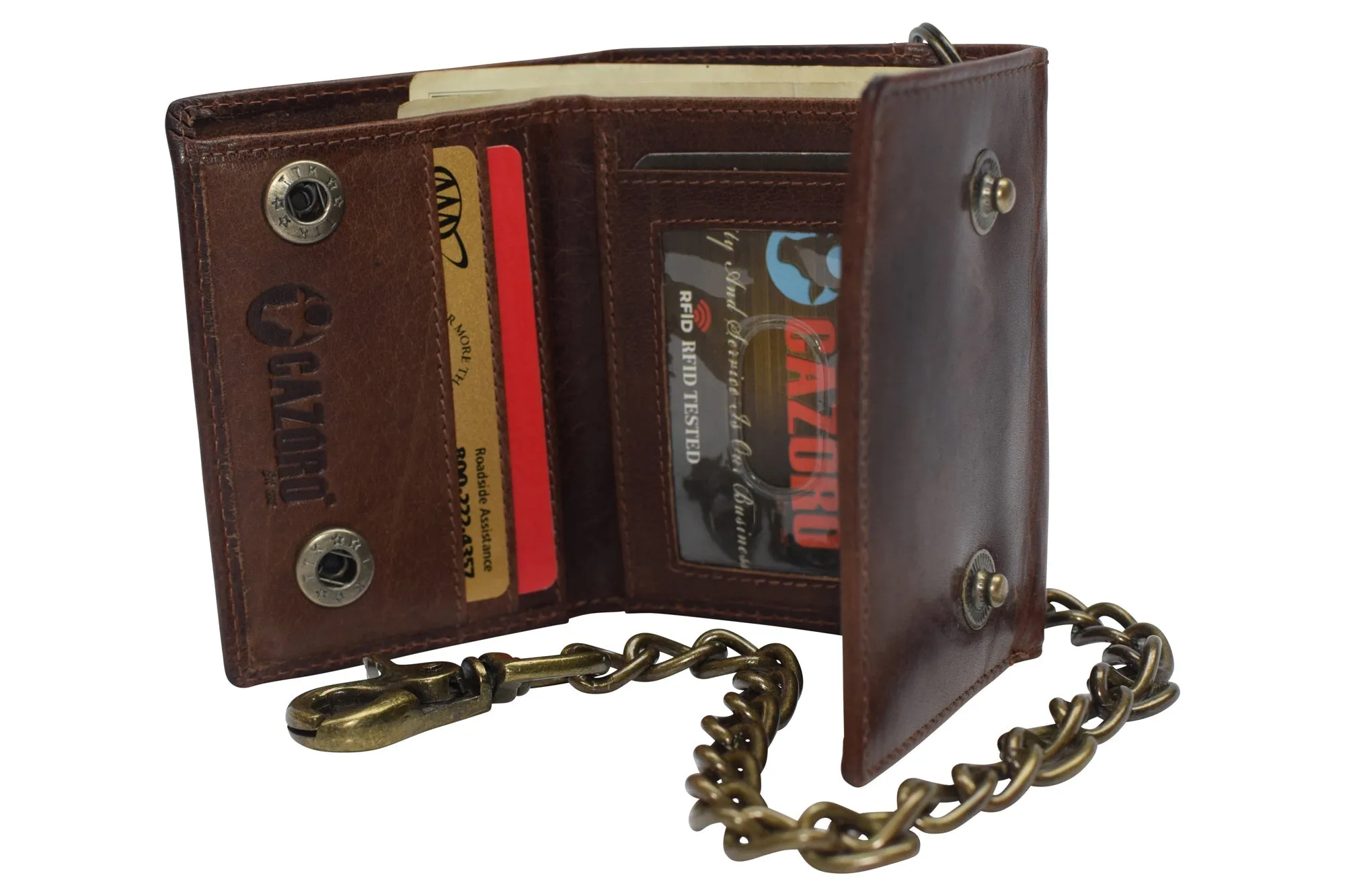 RFID Blocking Men's Tri-fold Vintage Biker Vintage Buffalo Leather Steel Chain Wallet Snap closure RFID0946BF