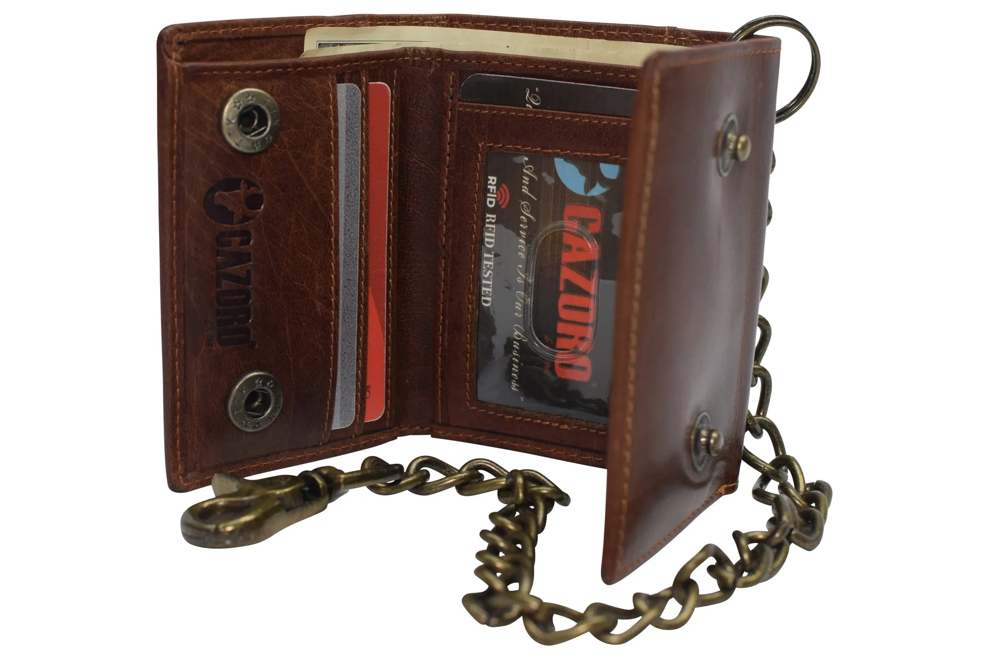 RFID Blocking Men's Tri-fold Vintage Biker Vintage Buffalo Leather Steel Chain Wallet Snap closure RFID0946BF