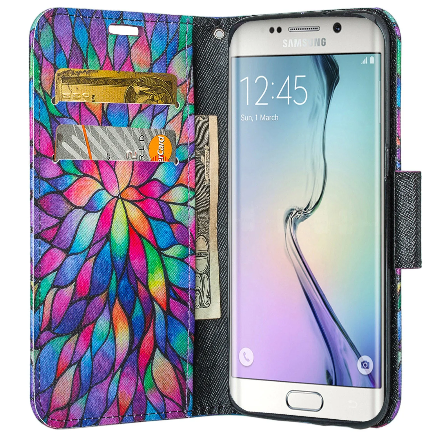 Samsung Galaxy S7 Edge Wallet Case, Wrist Strap Pu Leather Magnetic Flip Fold[Kickstand] with ID & Card Slots for Galaxy S7 Edge - Rainbow Flower