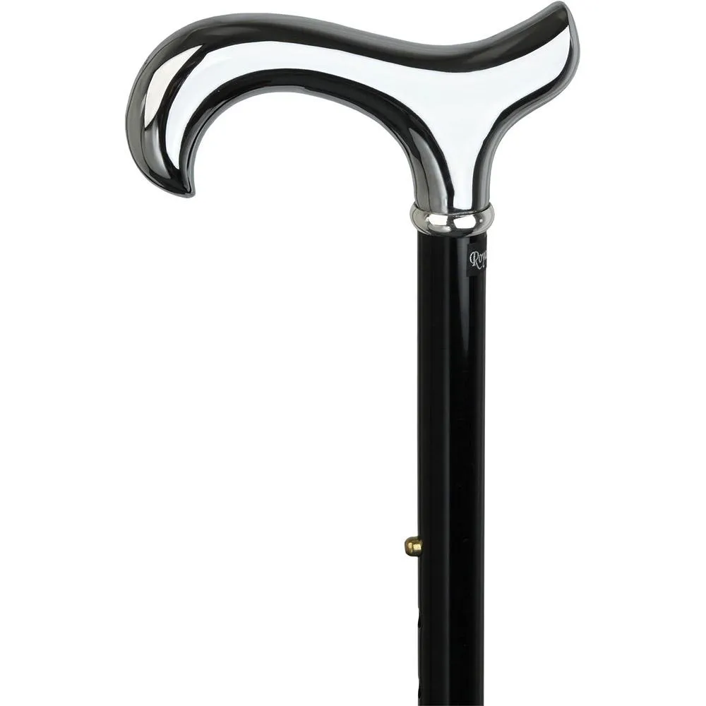 Scratch and Dent Chrome Plated Derby Walking Cane With Folding, Adjustable Black Aluminum Shaft V1713