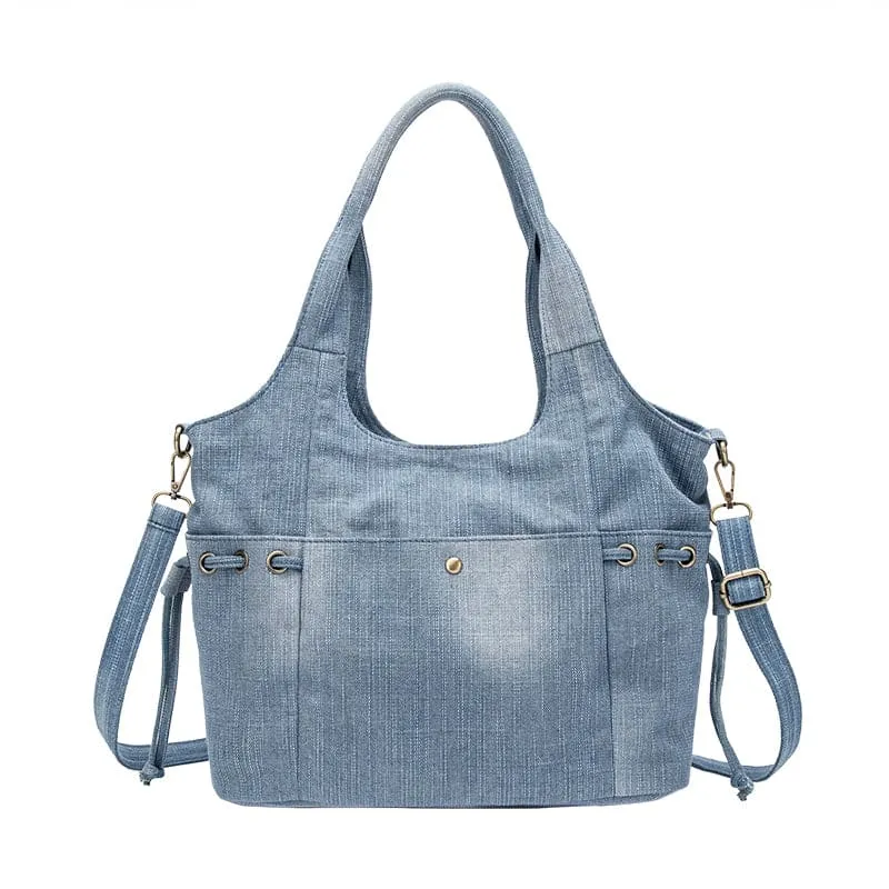 Shoulder Strap Washed Denim Zipper Handbag