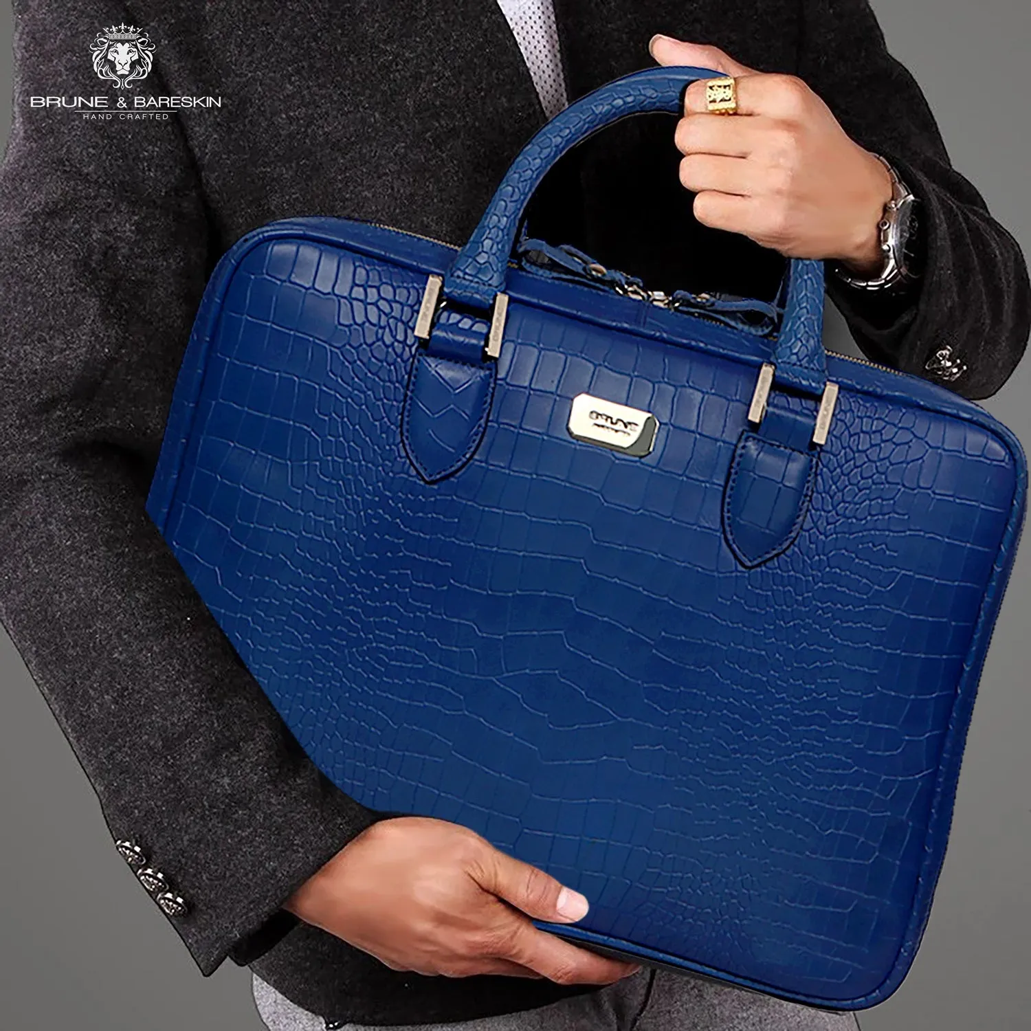 Sky Blue Leather Laptop Office Briefcase With Extra Compartment in Croco Textured Leather