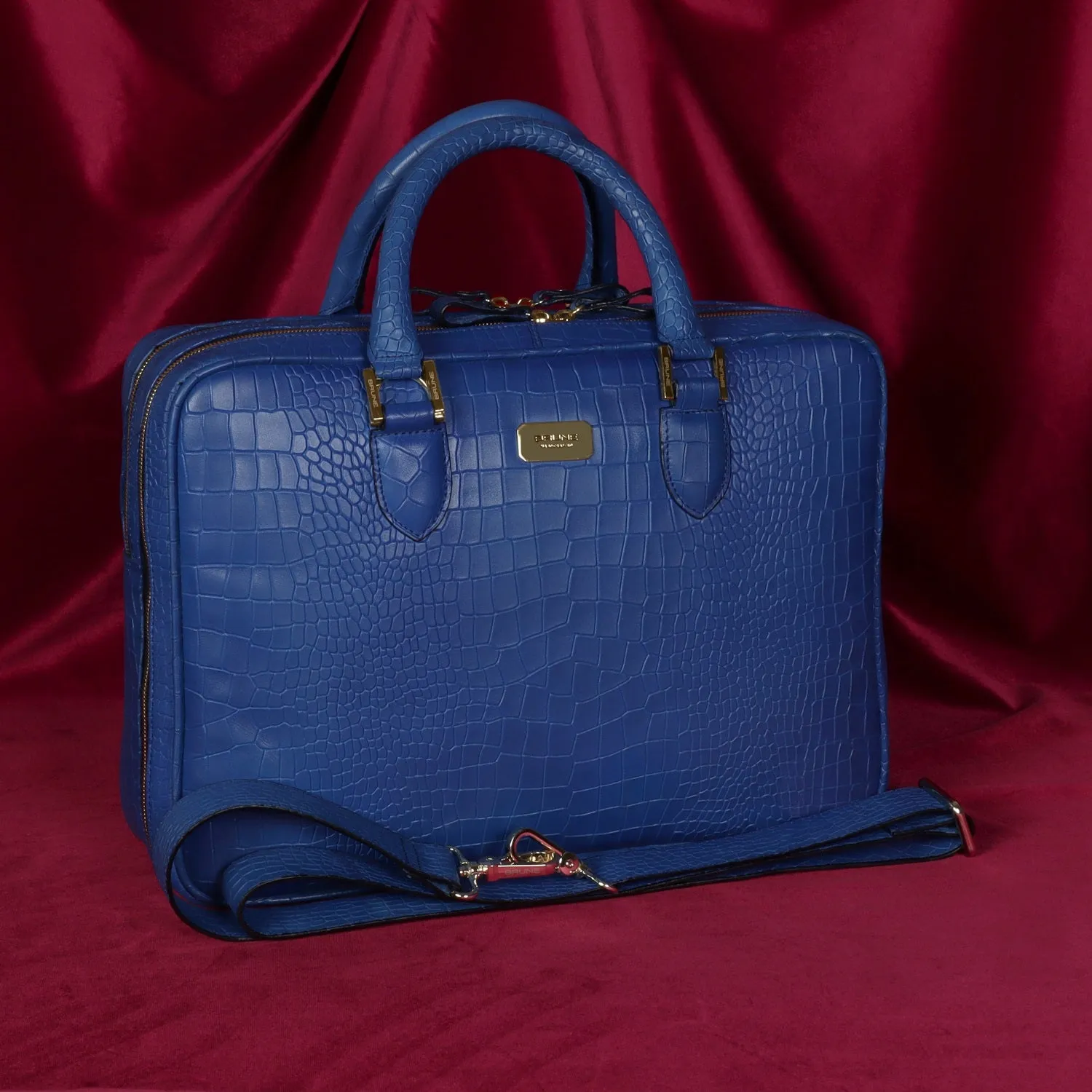 Sky Blue Leather Laptop Office Briefcase With Extra Compartment in Croco Textured Leather