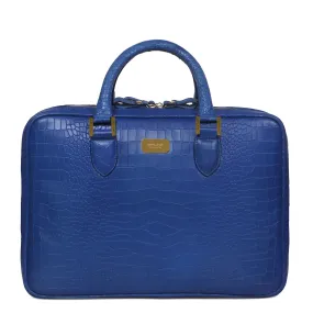 Sky Blue Leather Laptop Office Briefcase With Extra Compartment in Croco Textured Leather