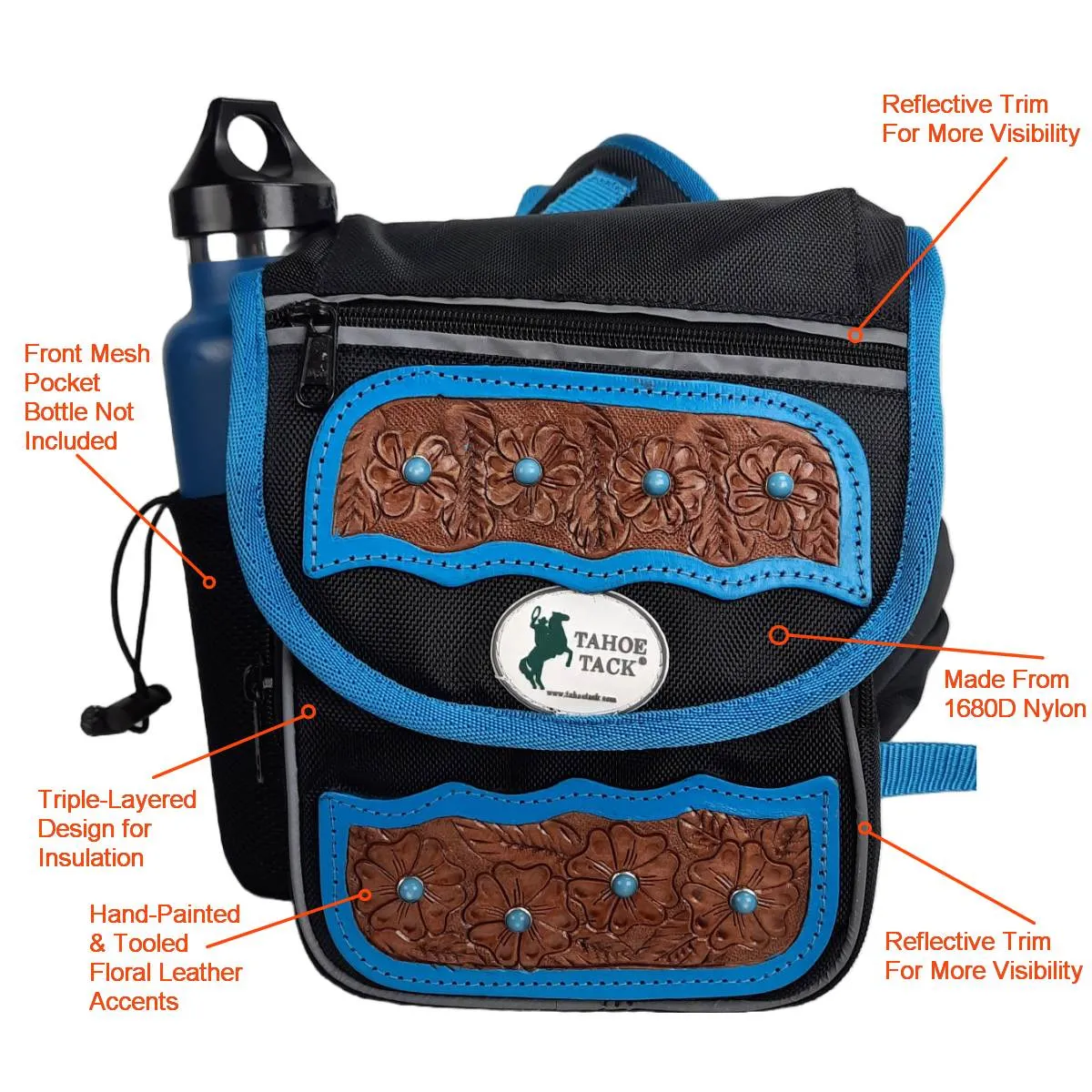 Tahoe Tack Turquoise Flower 1680D Nylon Western Horn Storage Bag with Hand Tooled Leather Accents and 2 Year Warranty