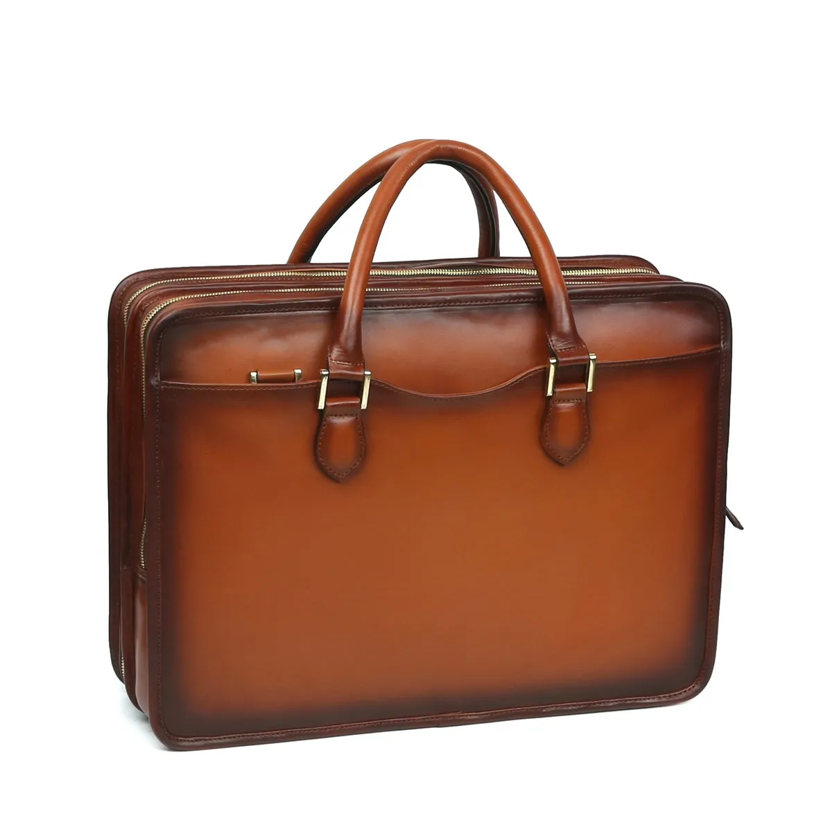 Tan Leather Embossed Lion Laptop Briefcase with Two Slots & Organizer Compartment by Brune & Bareskin